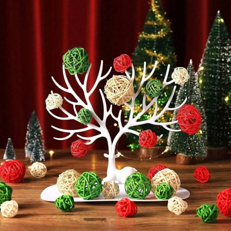Holiday home decor arrangement with rattan balls and Christmas candles