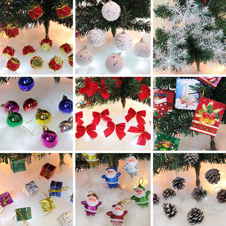 Set of six white pine cone ornaments hanging on a Christmas tree in a warm-lit room