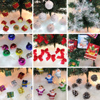 Set of six white pine cone ornaments hanging on a Christmas tree in a warm-lit room