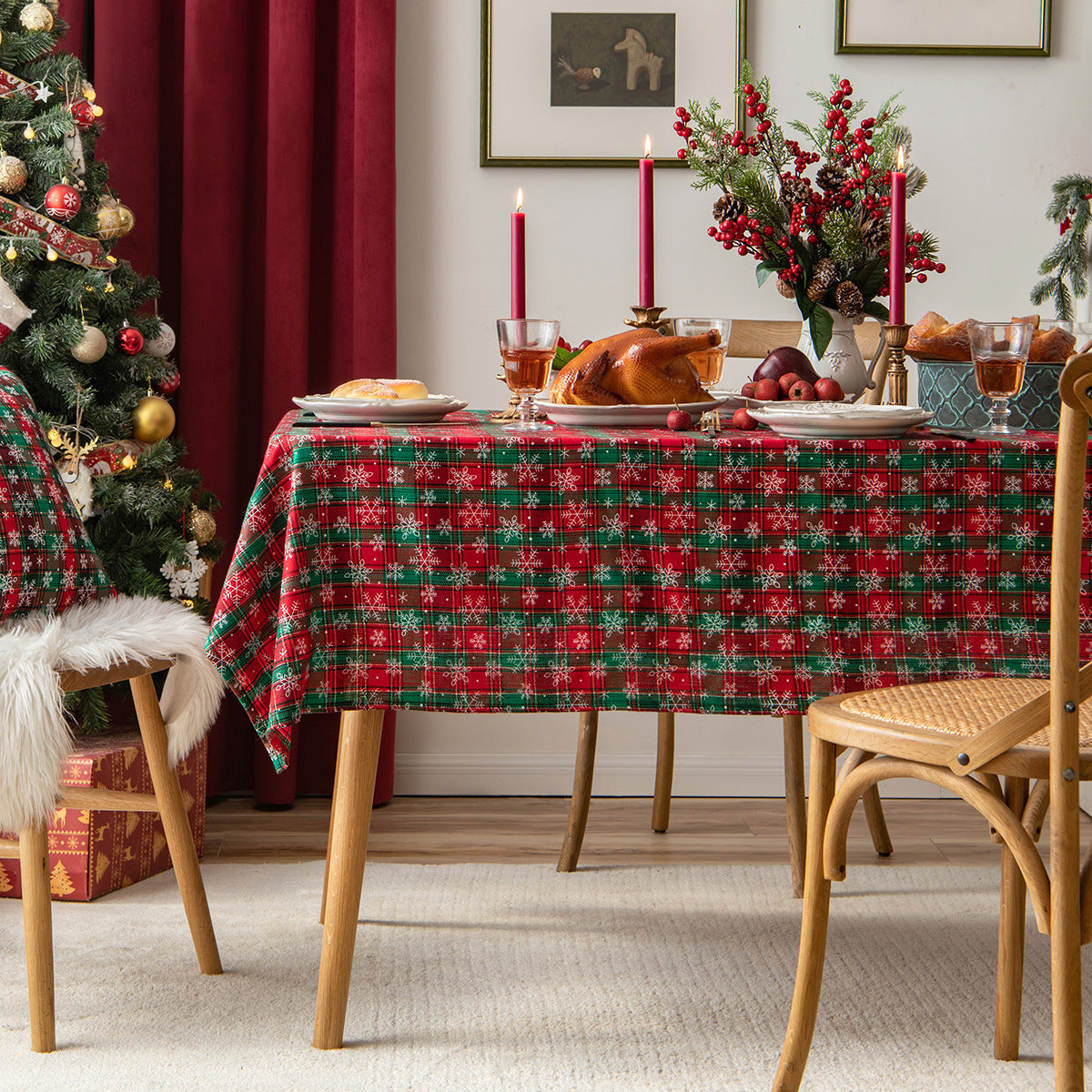 Multicolor holiday tablecloth with snowflake accents