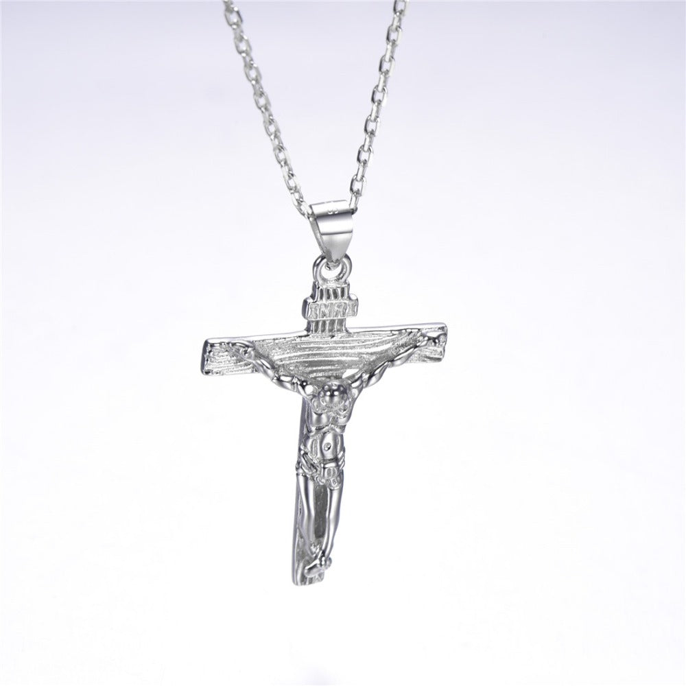 Couple-style silver cross necklace with adjustable chain clasp
