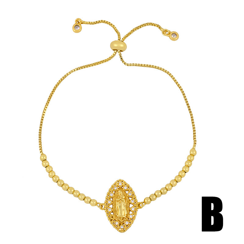 Gold-plated copper Virgin Mary bracelet with geometric design and inlaid zircon stones