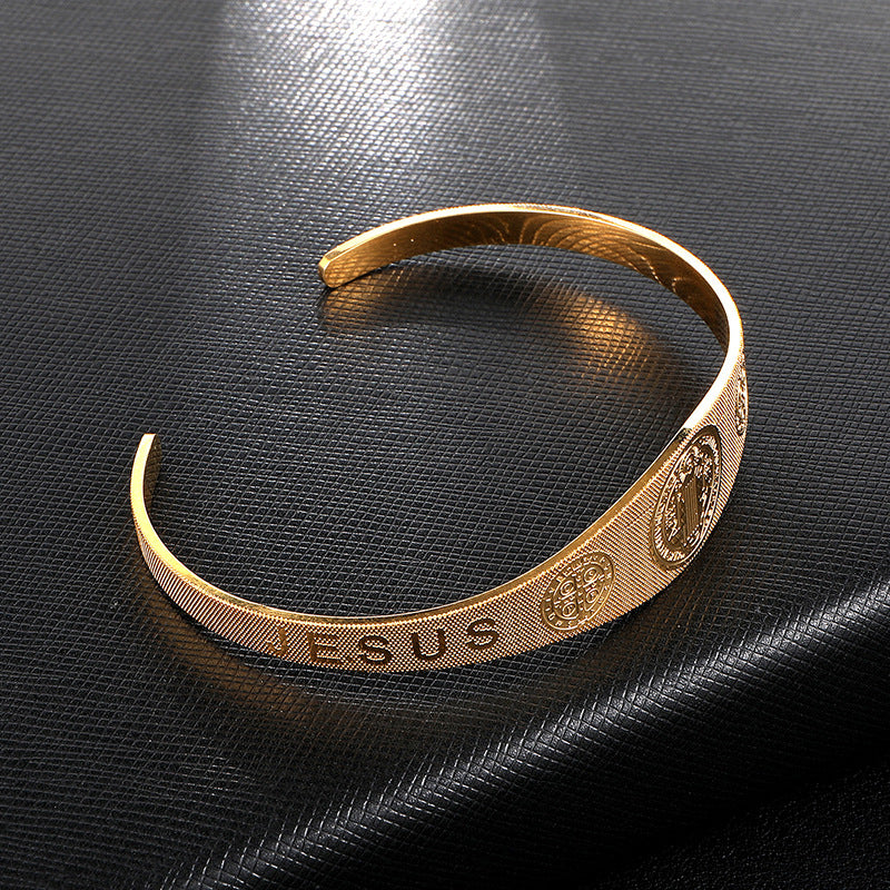 Saint Benedict titanium steel men's bracelet with golden medal finish