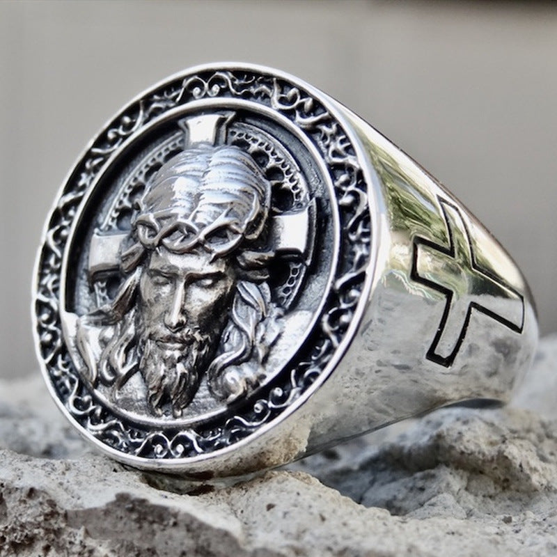 Multiple views of the punk cross ring highlighting the sleek silver electroplated finish