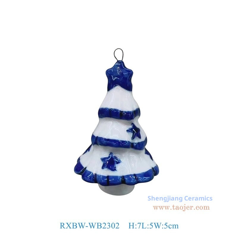 Blue and white porcelain Christmas ornament with ornate detailing