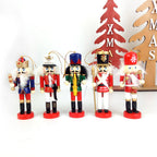 Set of five wooden Christmas tree pendants in warm holiday colors