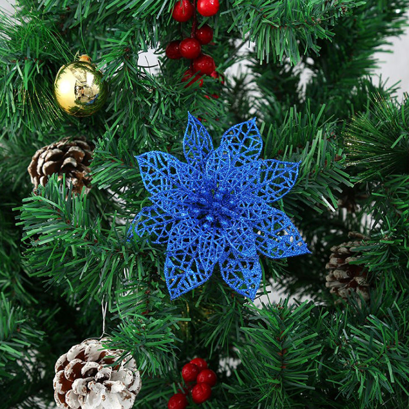 Christmas home decor featuring multi-colored glitter flower ornaments