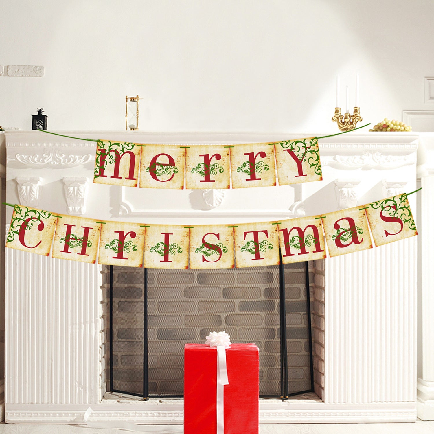 Vintage Christmas hanging flag banner set displayed decoratively for holiday celebrations