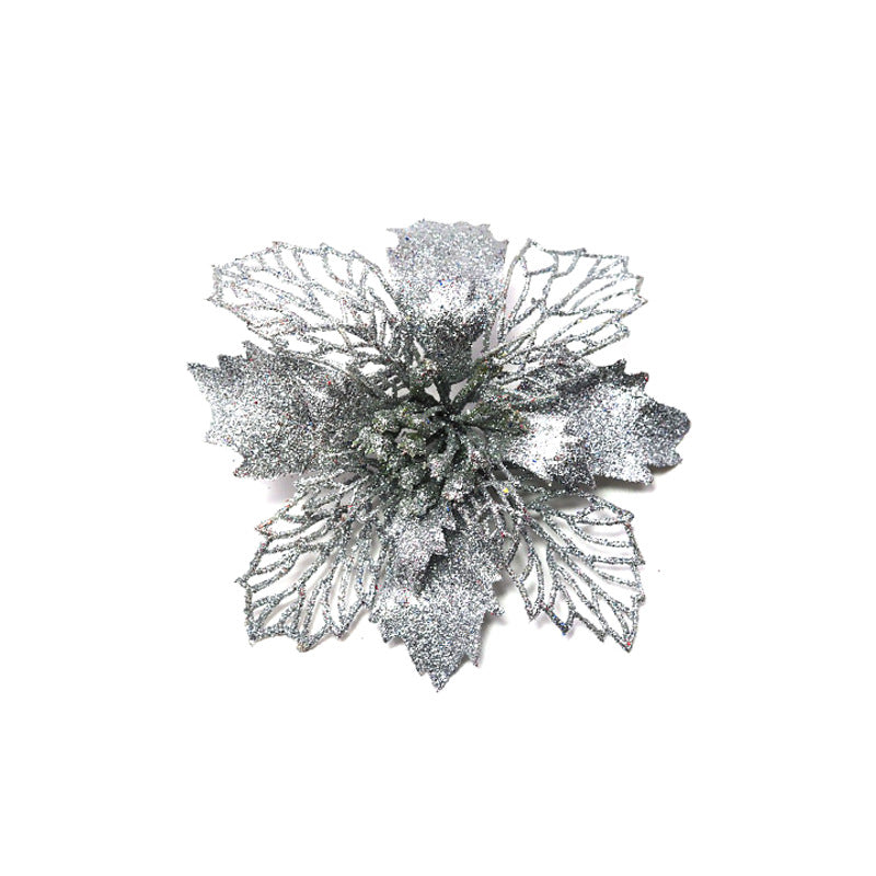 Glitter Christmas flower ornament with sparkling petals on a Christmas tree