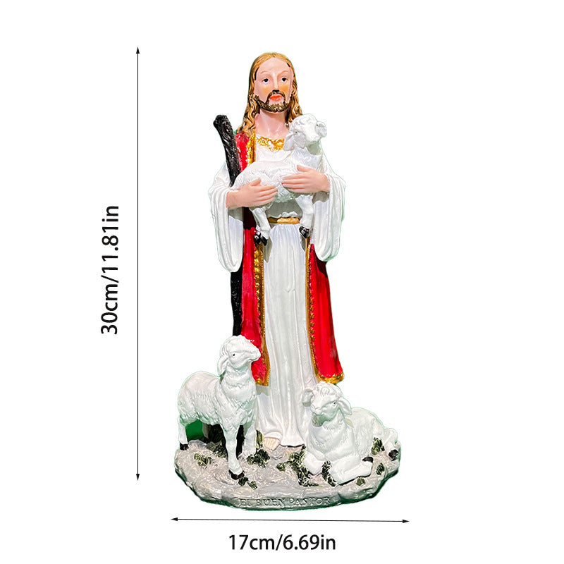 Close-up of handcrafted resin nativity figurine featuring holy family