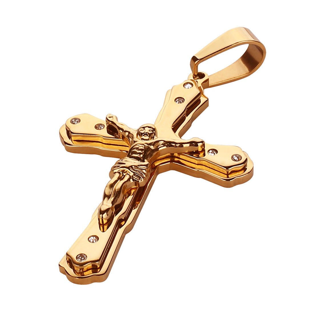 Golden Jesus cross pendant with sleek chain on light background, symbolizing faith and devotion