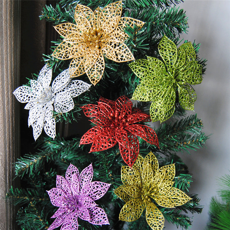 Christmas garland adorned with sparkling flower ornaments in multiple colors