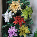 Christmas garland adorned with sparkling flower ornaments in multiple colors