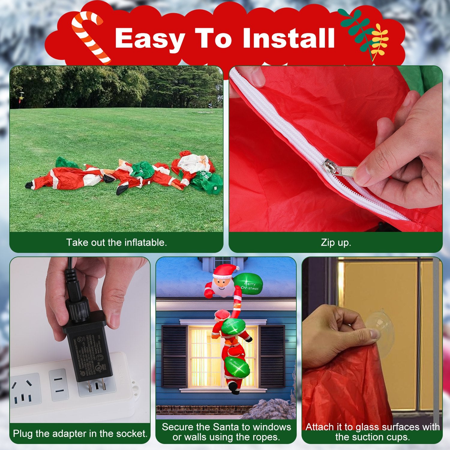 Indoor Christmas decorations featuring inflatable Santa with warm LED glow