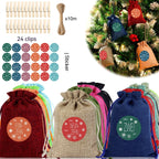 Set of 24 linen Christmas gift bags with accessories