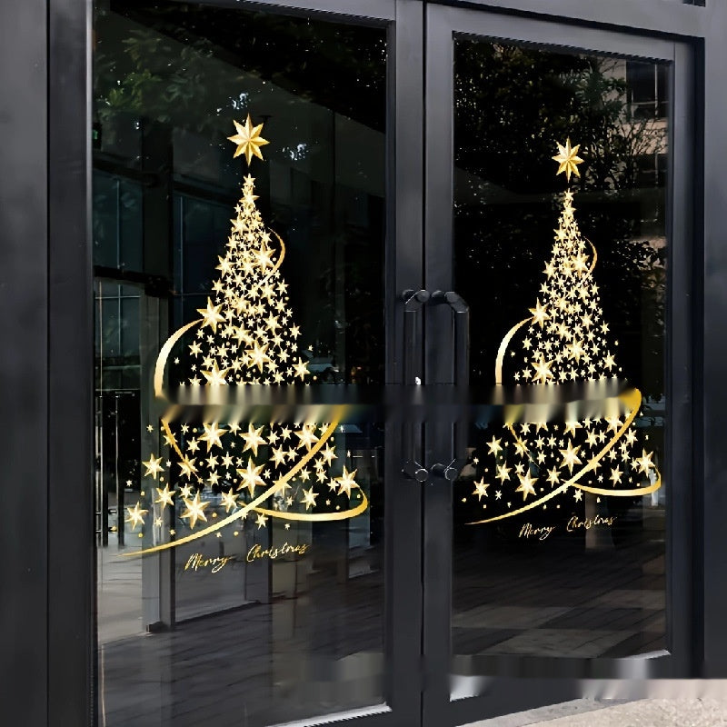 Golden cartoon Christmas tree sticker with snowflakes for holiday decorating Main image