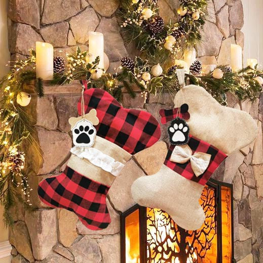 Christmas pet socks ornament in black and red color scheme