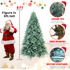 Pre-lit blue Christmas tree in festive home decor arrangement