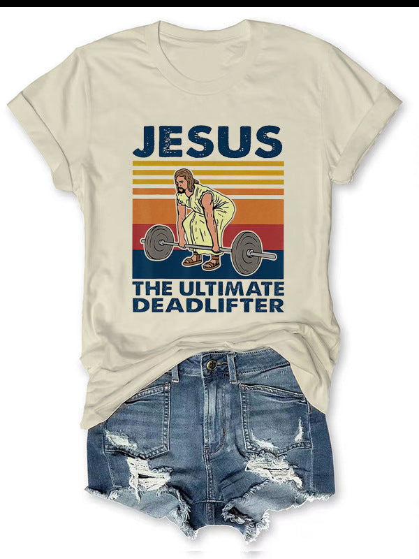 Jesus print on white cotton t-shirt front view Main image