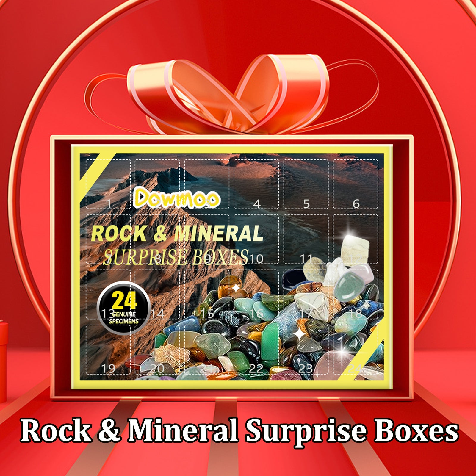 Christmas ore surprise box with festive packaging and mineral specimens for countdown Main image