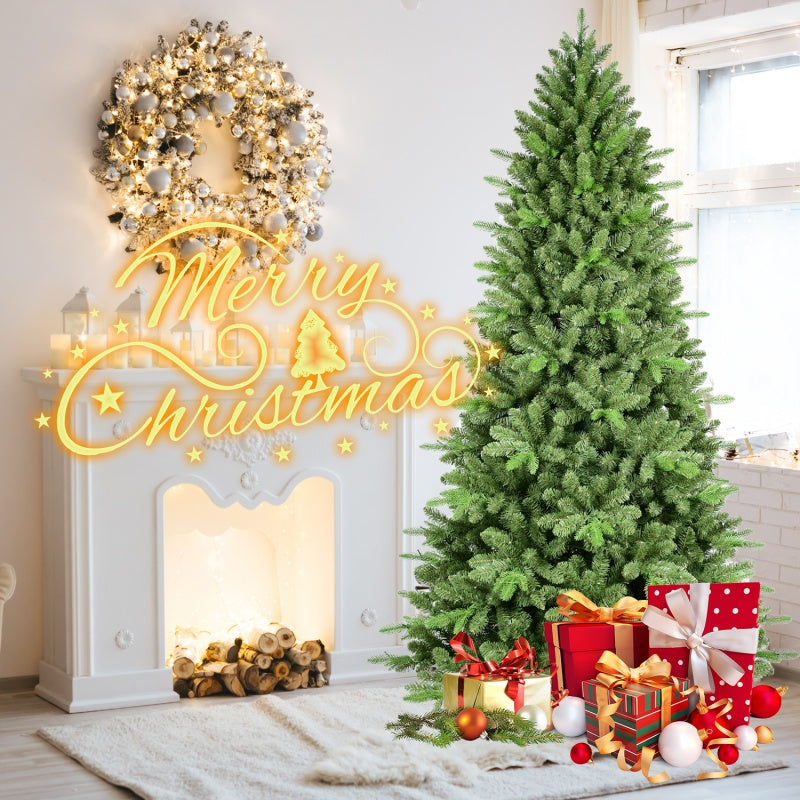Full Christmas tree decorated with lights and ornaments in a cozy home setting