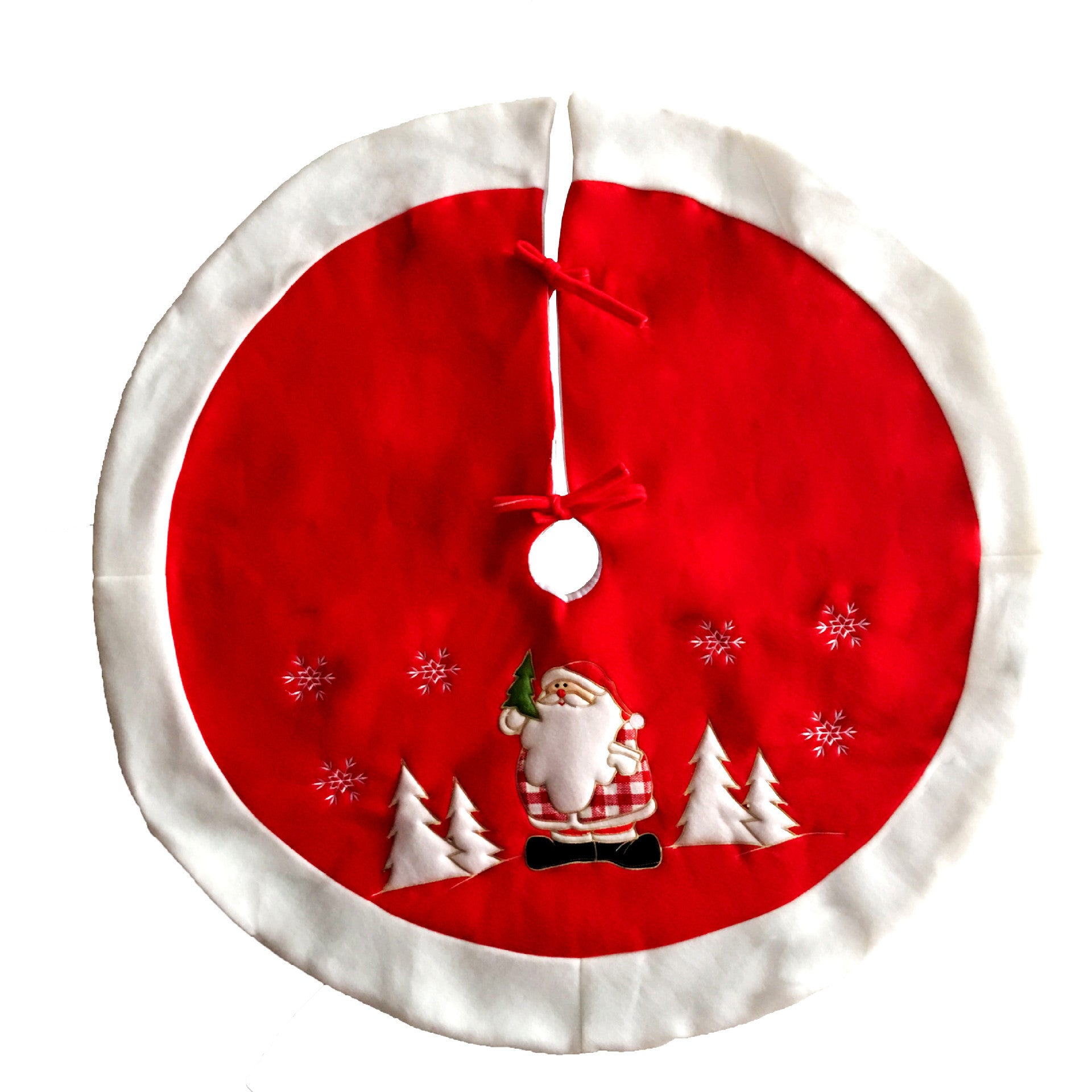 Christmas tree skirt displayed under decorated holiday tree