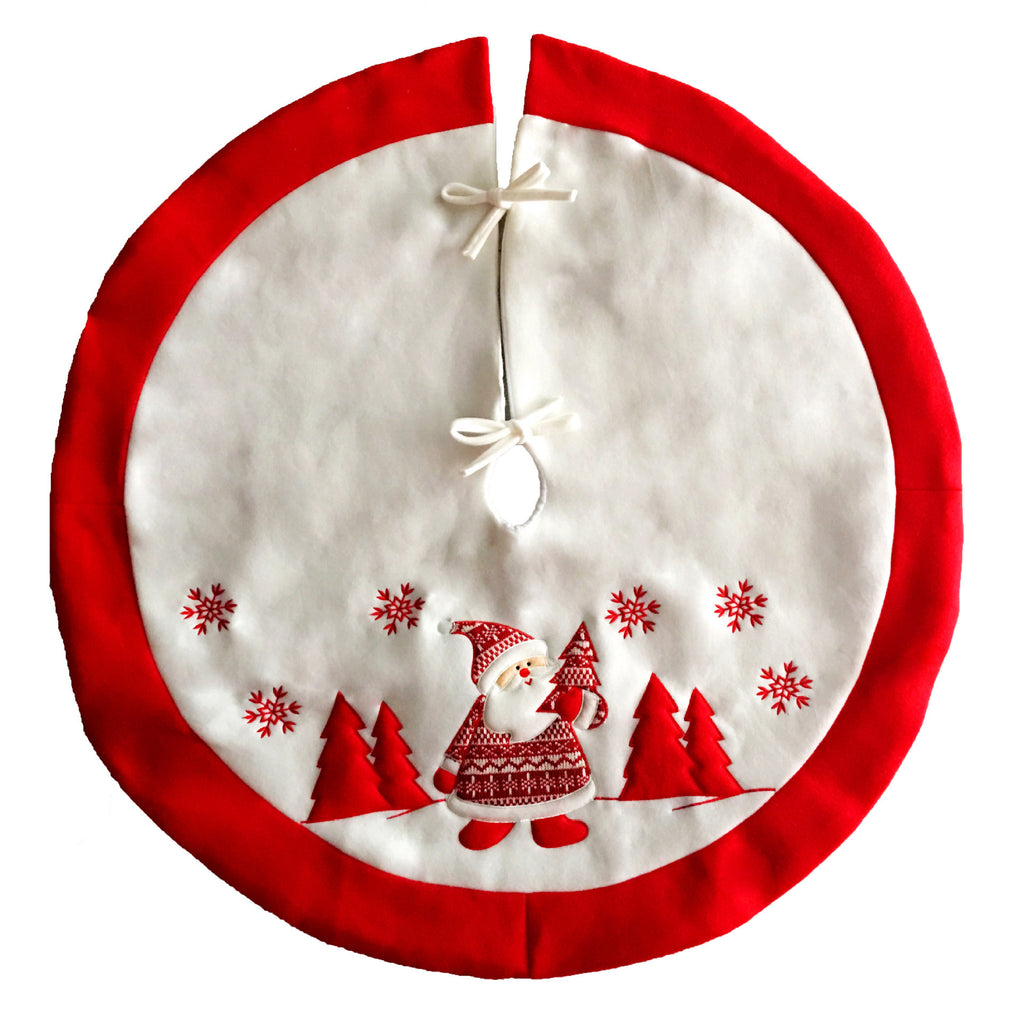 Red and white flannel Christmas tree skirt with classic holiday design