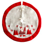 Red and white flannel Christmas tree skirt with classic holiday design