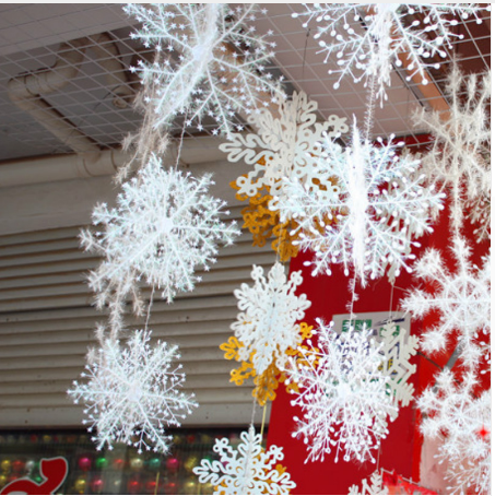 Snowflake Christmas decoration strings in graduated sizes on display