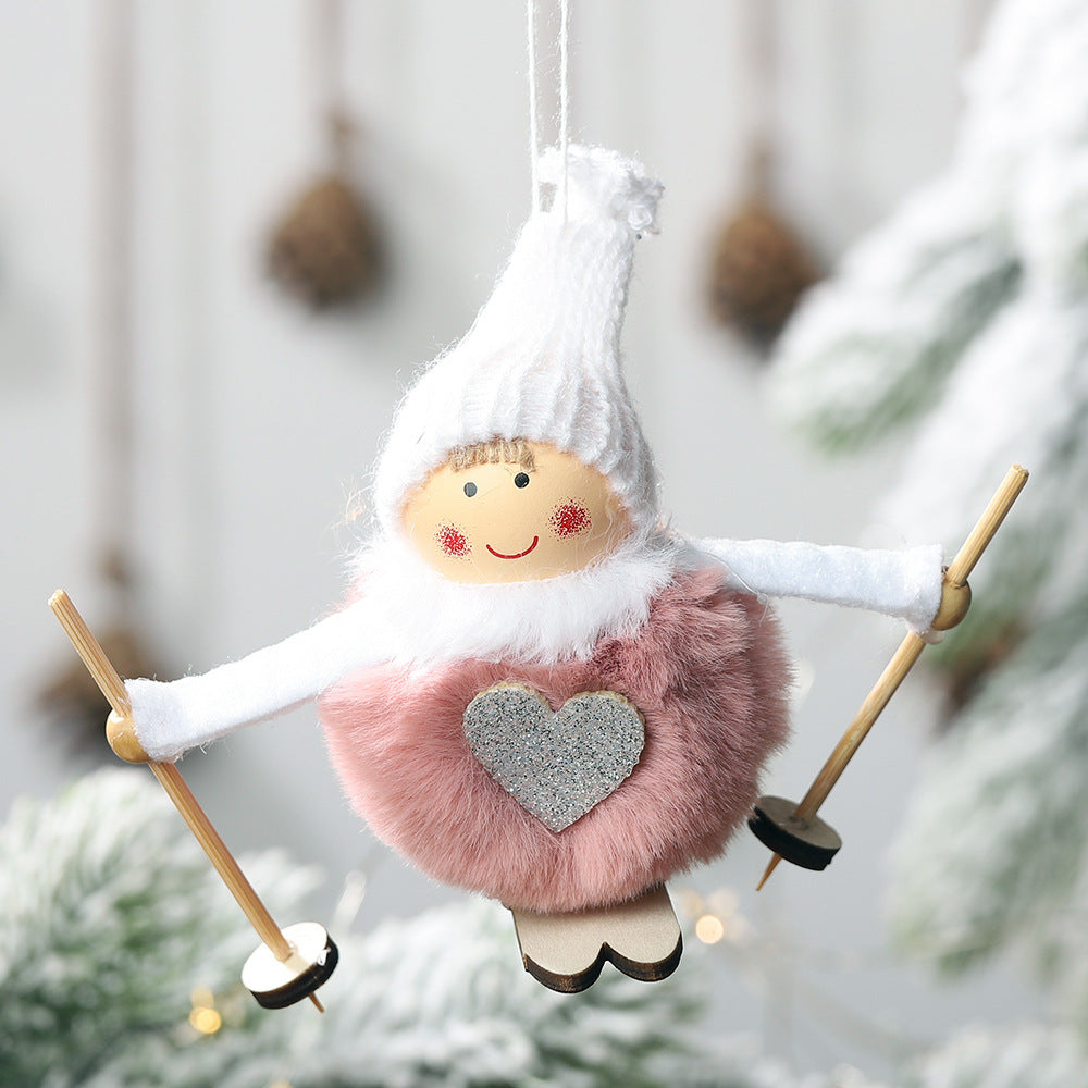 Set of six pompom doll Christmas ornaments in assorted colors for holiday decorating