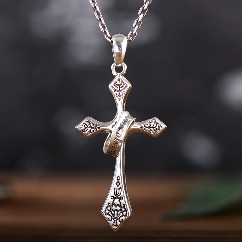 Jesus cross pendant in silver-tone metal, front view