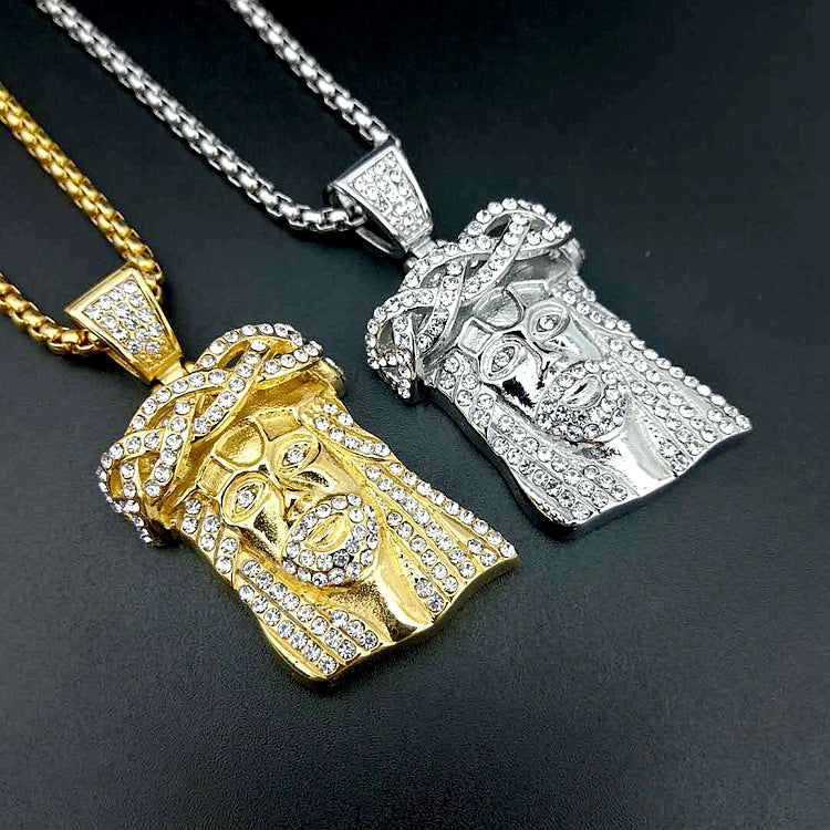 Full view of gold-plated Jesus pendant necklace display