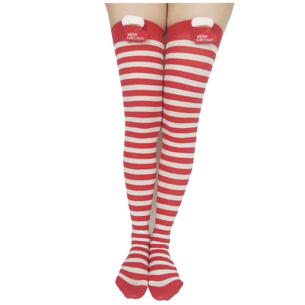 Green and white striped socks featuring a Christmas tree design