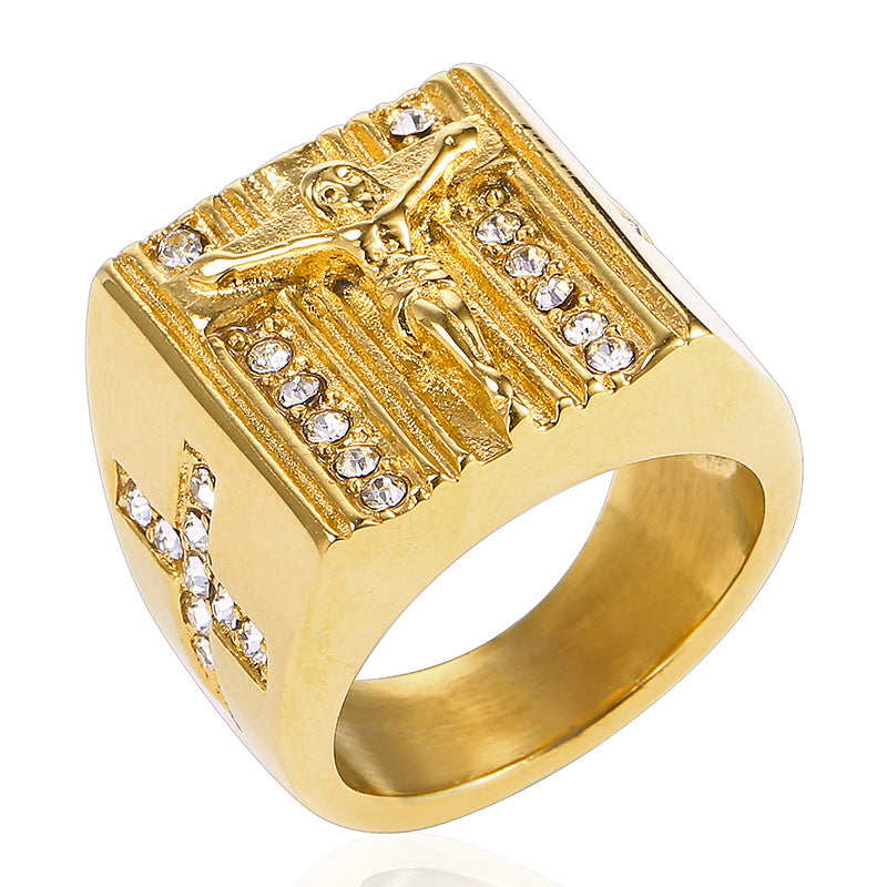 Retro stainless steel Jesus cross ring in gold finish
