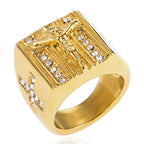 Retro stainless steel Jesus cross ring in gold finish