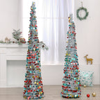 Colorful retractable folding Christmas tree with festive ornaments and holiday charm