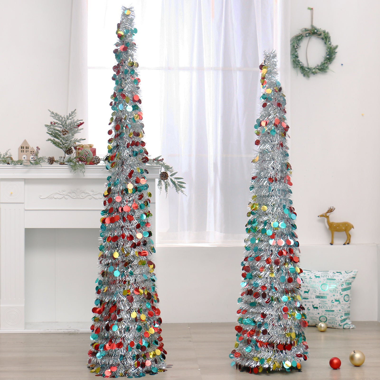 Colorful retractable folding Christmas tree with festive ornaments and holiday charm