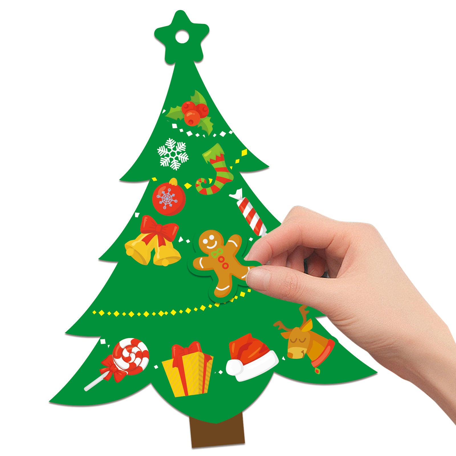 Cartoon Christmas tree greeting cards with golden ribbons on wooden table Main image