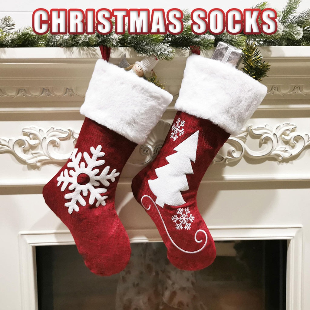 Festive Christmas sock gift bag displayed as holiday home decor
