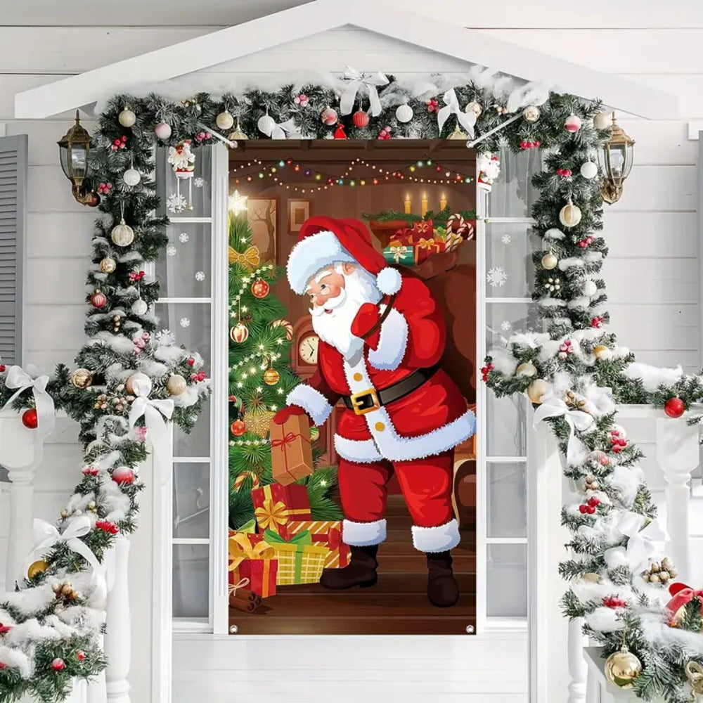 Christmas door curtain hanging decoration with festive holiday design displayed on a doorway Main image