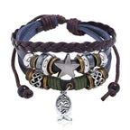Stacked view of Jesus fish cross leather bracelet