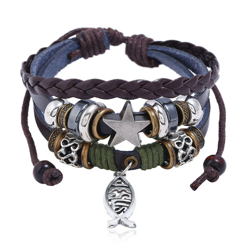 Stacked view of Jesus fish cross leather bracelet