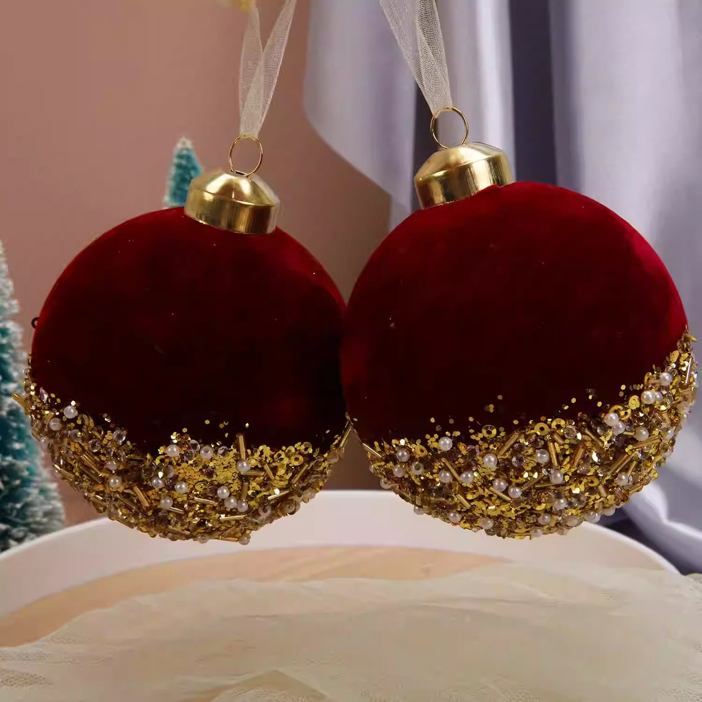 Burgundy flocked glass Christmas ornament with ribbon hanger detail