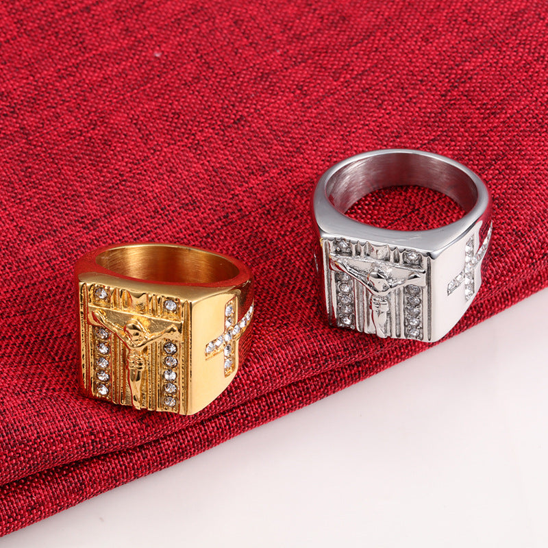 Silver Jesus cross ring for men with detailed cross face