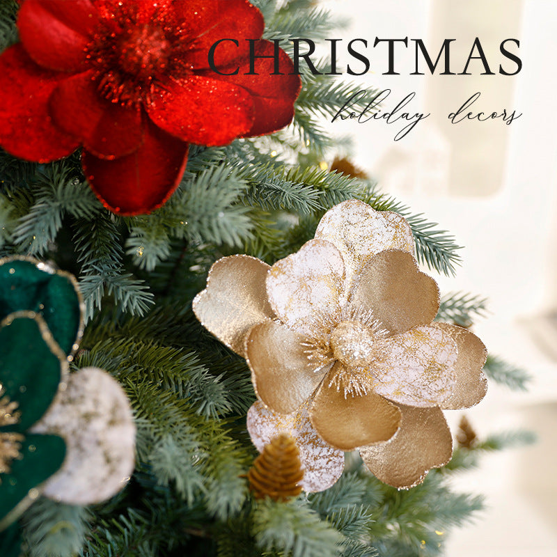 Champagne gold flannel Christmas flower ornament on display