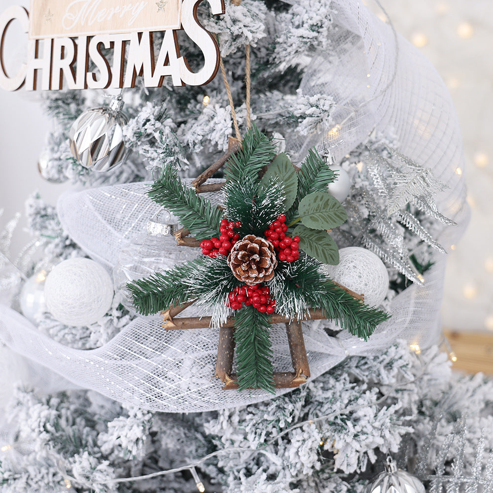 Five-pointed star ornament among Christmas tree decorations with soft glowing lights