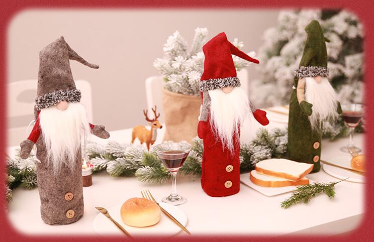 Festive faceless doll bottle cover in gray for Christmas decorating