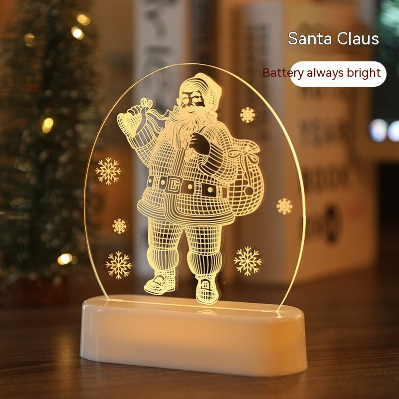 Warm white Christmas night light decoration on wooden shelf display