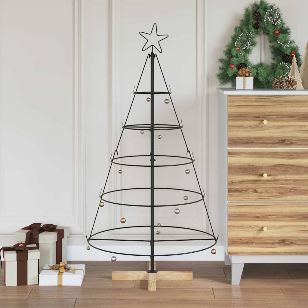 Matte black cone-shaped Christmas tree with pine wood stand for indoor holiday display