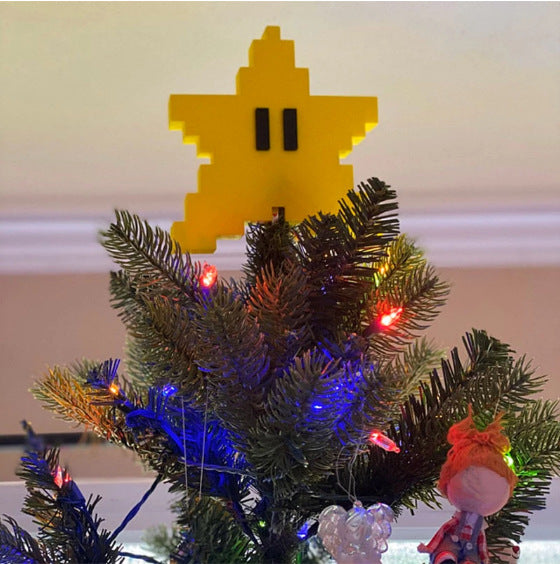 Playful pixel-art style yellow star decoration for Christmas trees and holiday displays